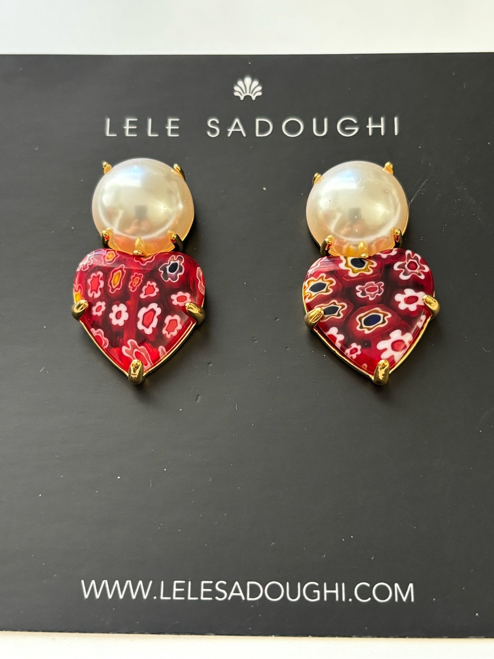 NWOT Lele Sadoughi Red Floral Heart Drop Earrings with Pearl
